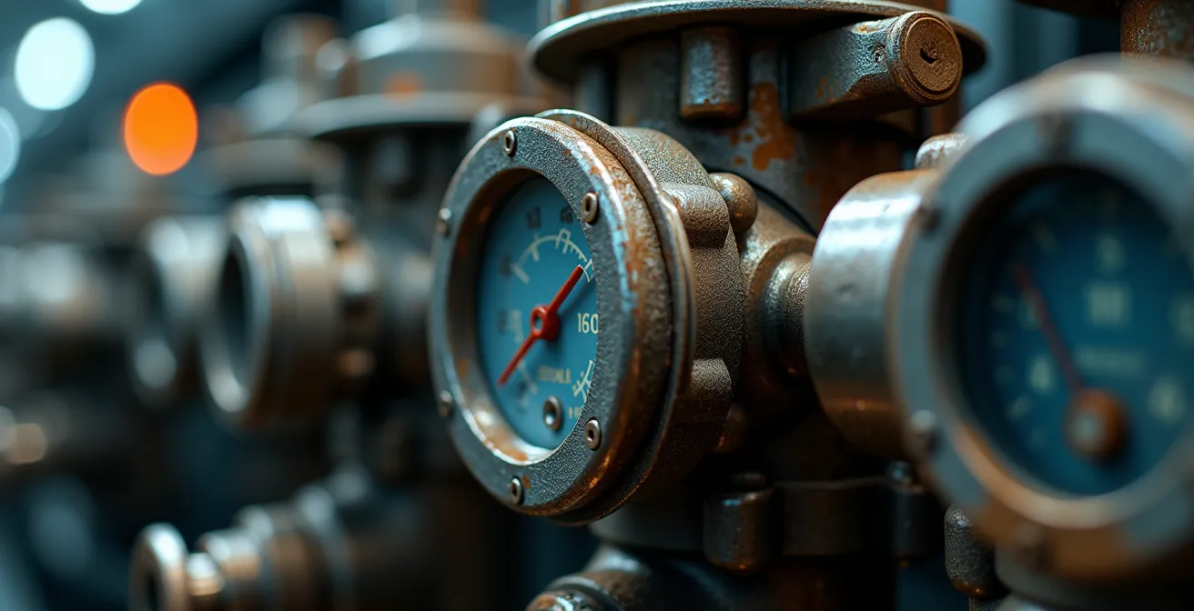 Extreme close-up of vessel engine components showing maintenance condition