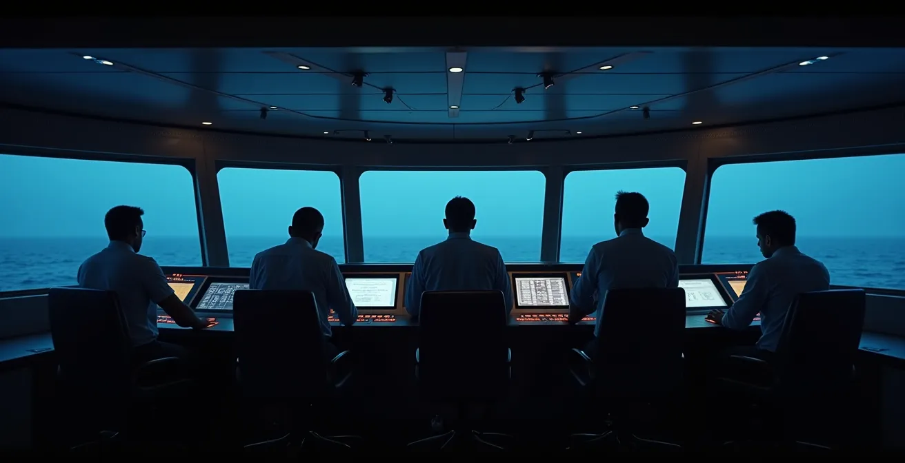 Wide shot of vessel bridge with crew monitoring security systems at dusk