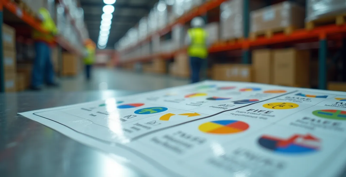 Close-up of visual standard operating procedure board at warehouse workstation