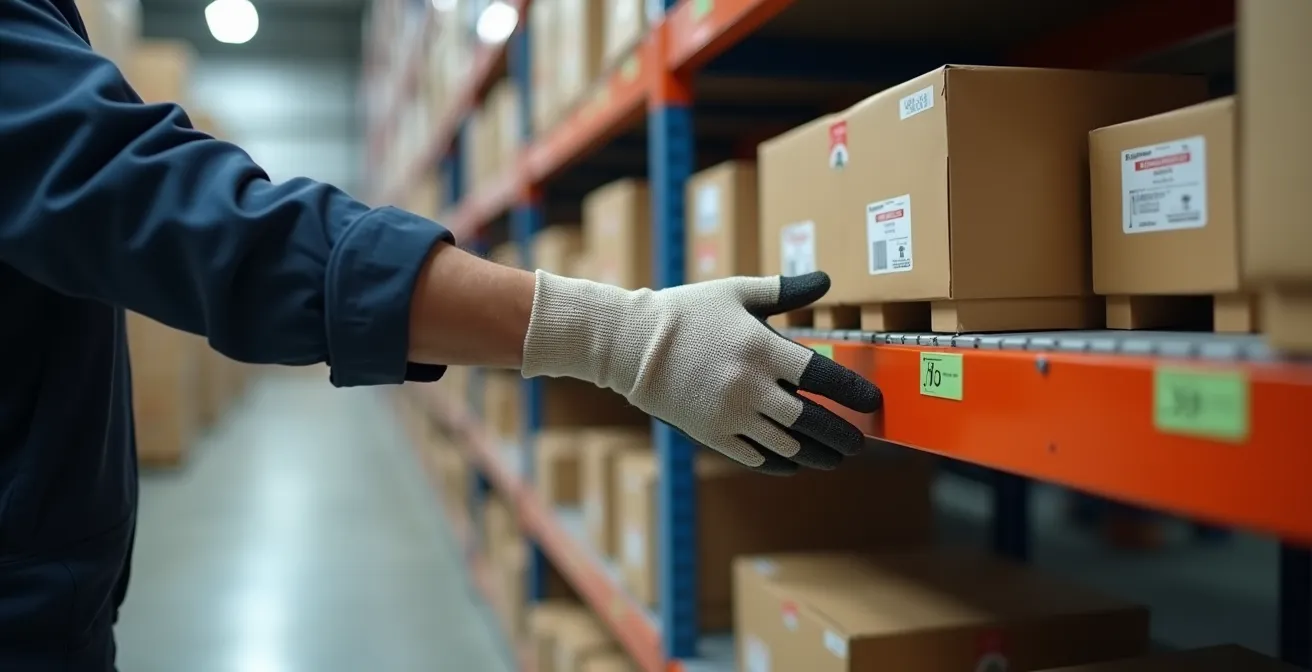 Warehouse worker efficiently picking items from optimally arranged shelves with ergonomic equipment