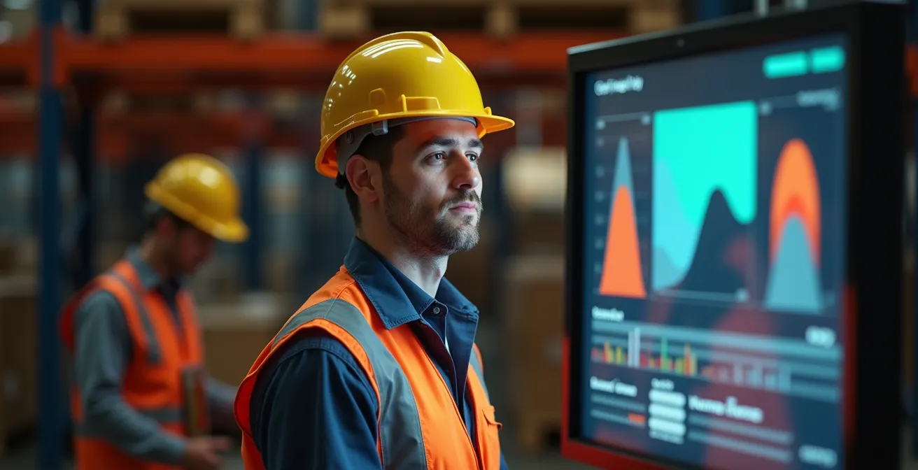 Warehouse worker using anonymous safety reporting terminal with supportive colleagues nearby