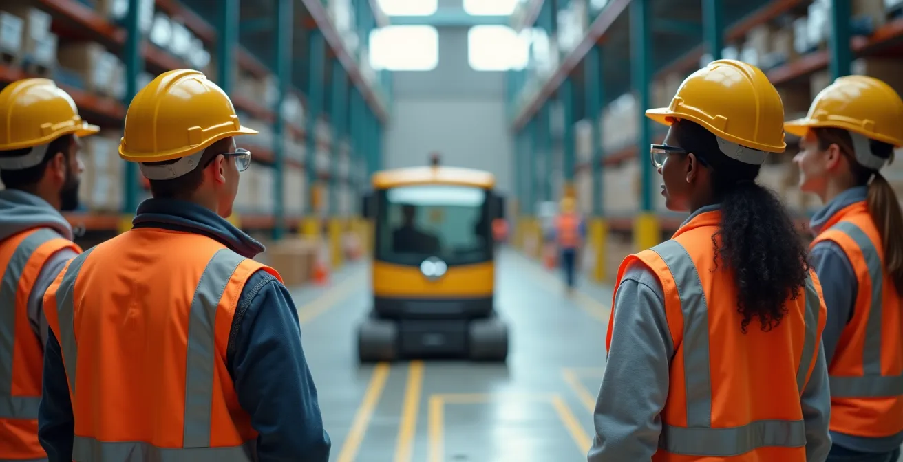 Close-up of workers observing AGV safety demonstration in warehouse training area